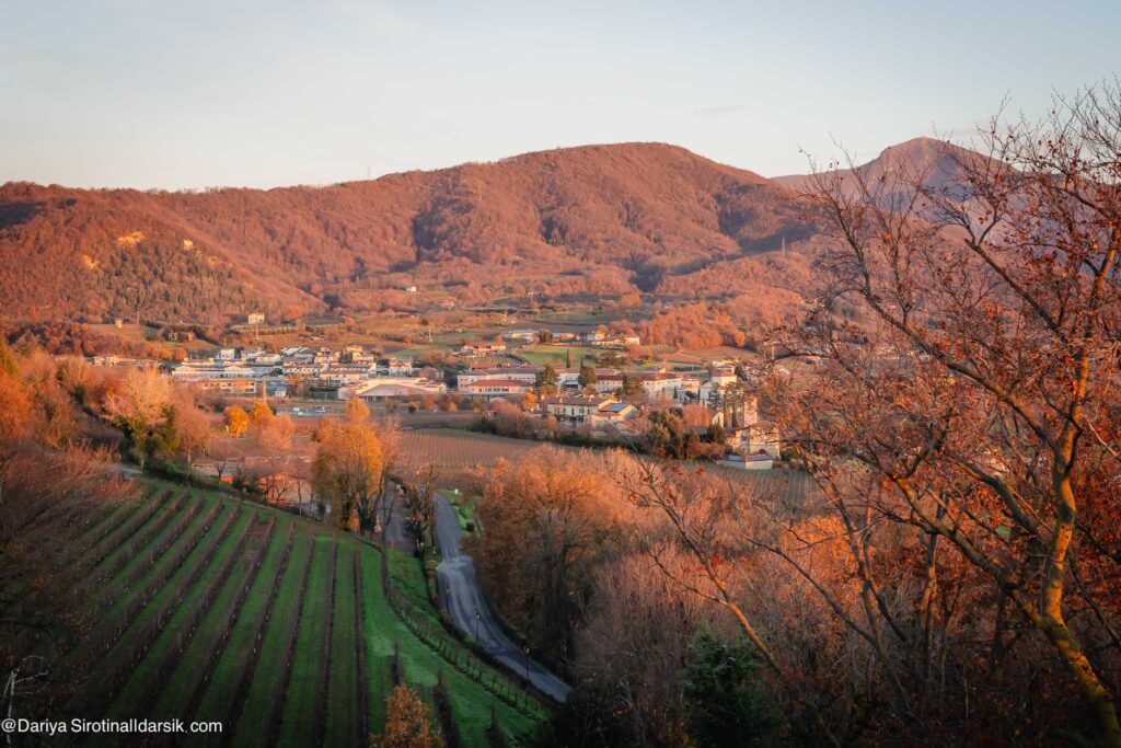 Вин на виноградники зоны Франчакорта в рассветном свете из номера отеля L'Albereta Relais&Châteaux