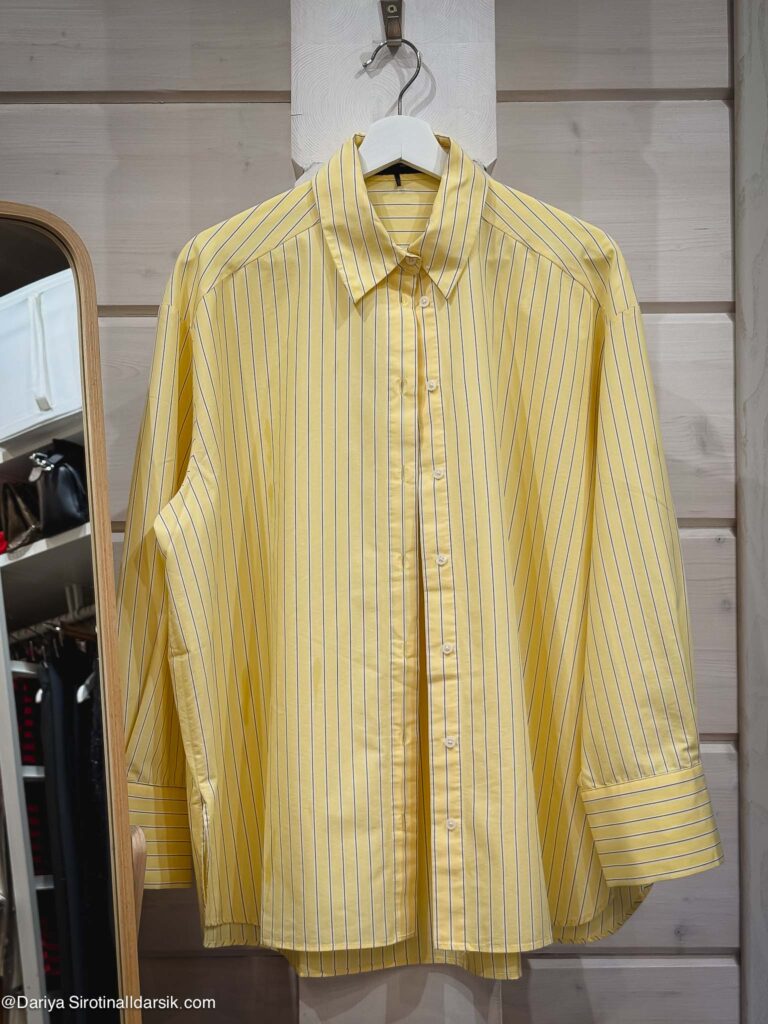 желтая объемная рубашка в полоску zara весенний оттенок
